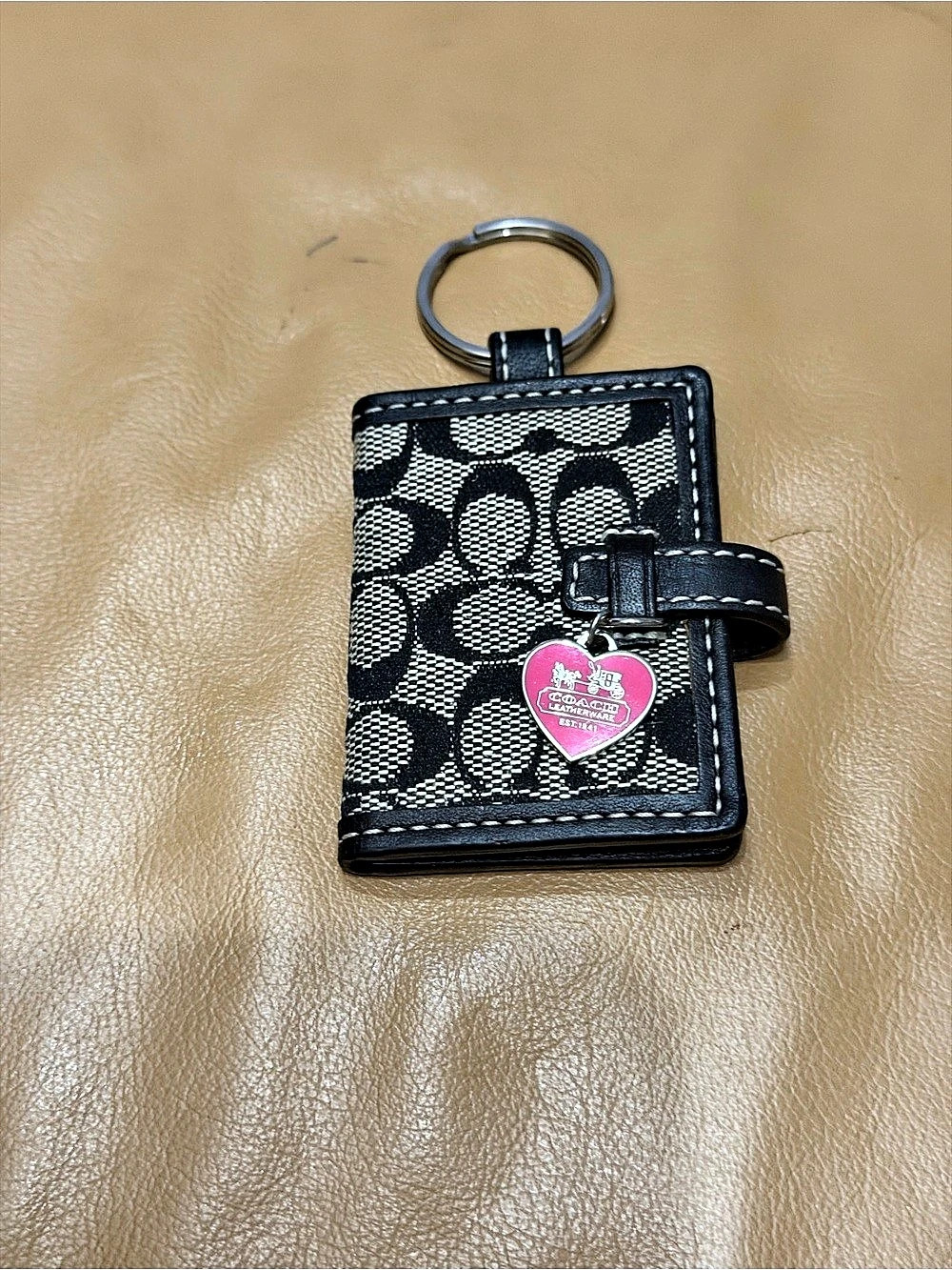 Coach Vintage Coach Black Signature Photo Frame Keychain with Pink Heart Charm